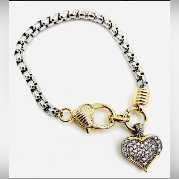 Mixed Metal Pave Heart Charm Bracelet *NEW* - Picture 1 of 6